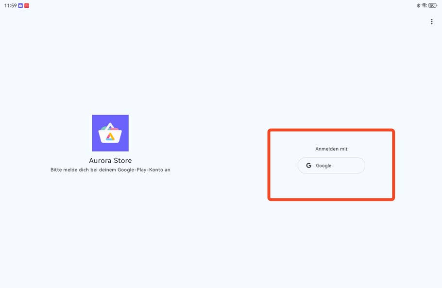 Anmeldeseite des Aurora Store mit der Aufforderung, sich mit einem Google-Konto anzumelden.