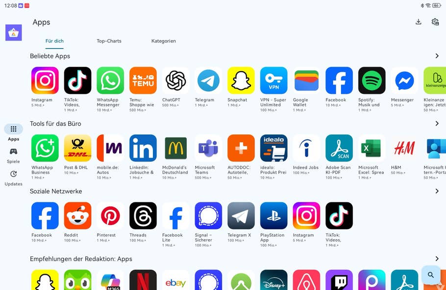 App-Oberfläche mit beliebten Apps, Büro-Tools und sozialen Medien auf Huawei MatePad.