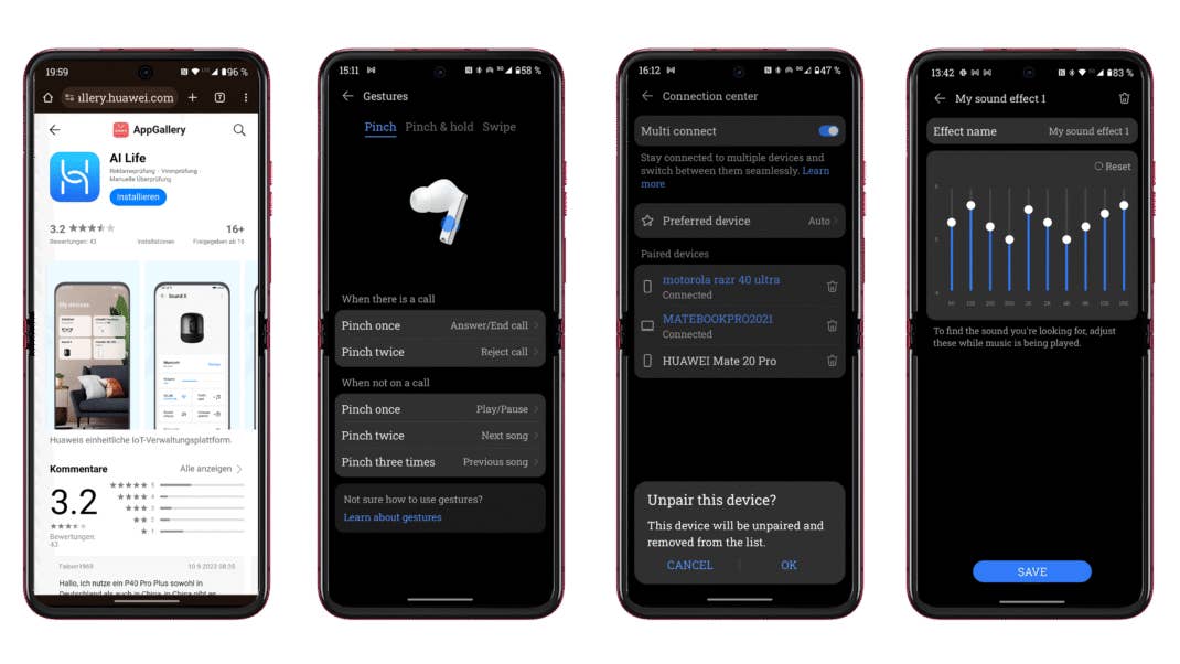 Screenshots der AI-Life-App von Huawei, zur Steuerung der FreeBuds Pro 3