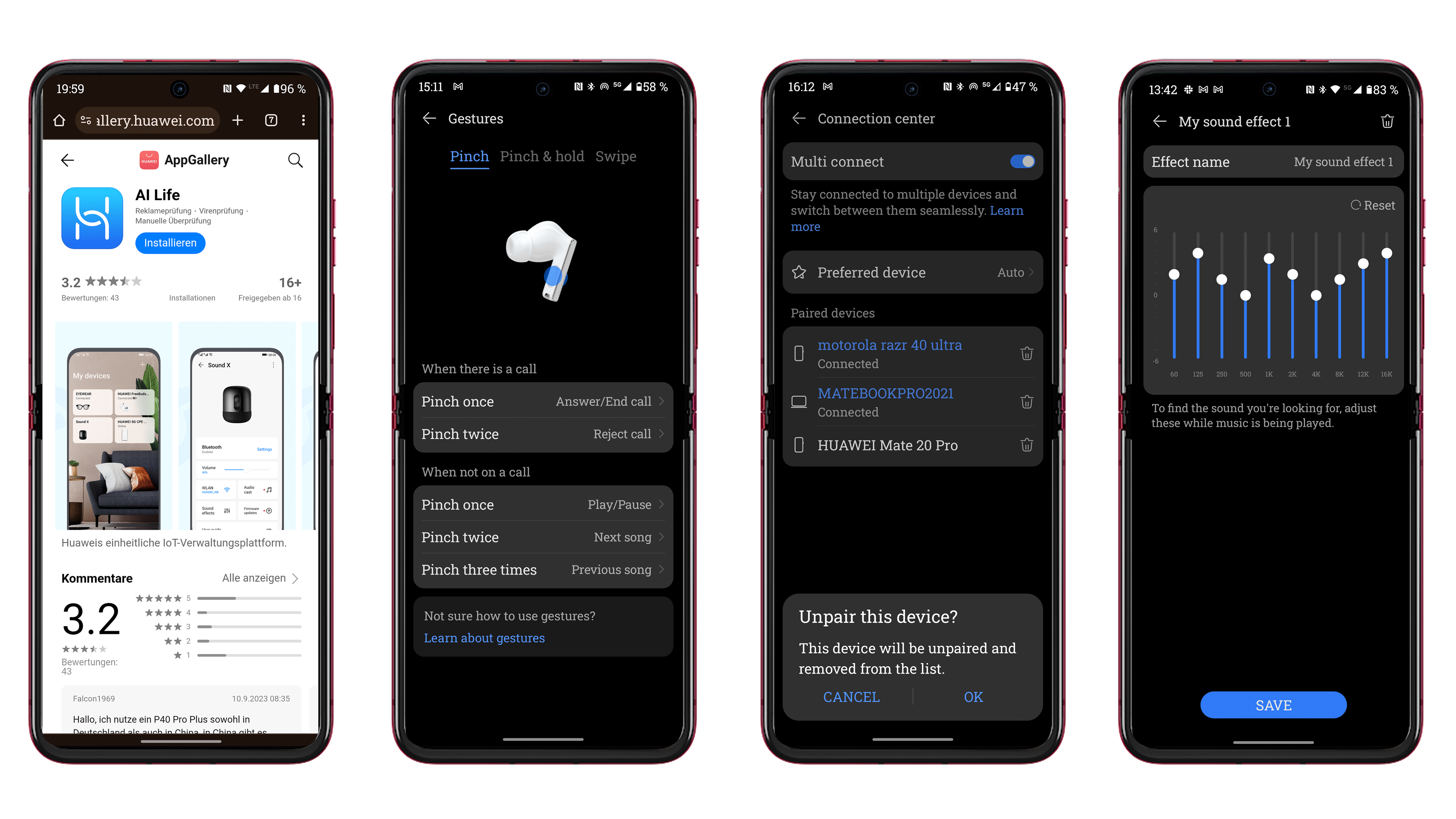 Screenshots der AI-Life-App von Huawei, zur Steuerung der FreeBuds Pro 3