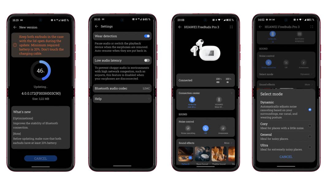 Screenshots der AI-Life-App von Huawei, zur Steuerung der FreeBuds Pro 3
