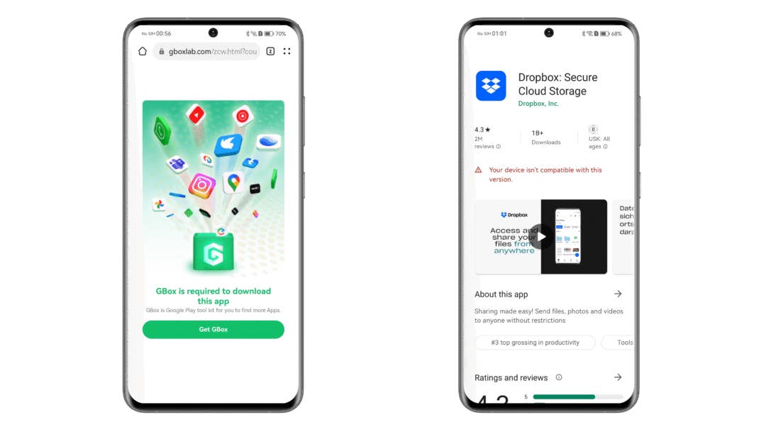 Dropbox ging bei der wärmstens empfohlenen GBox schonmal nicht! Huawei P60 Pro Screenshot