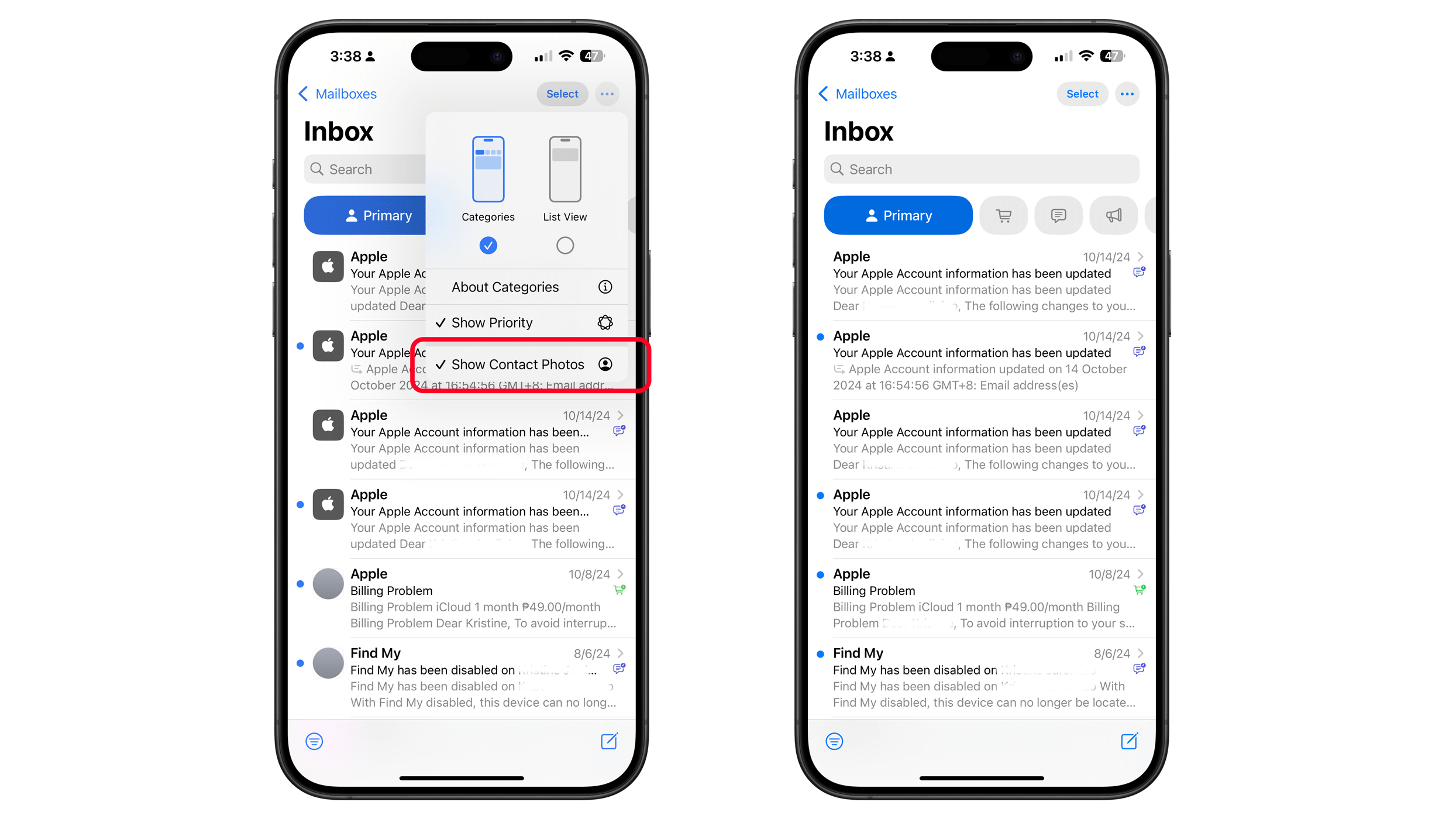 iOS Mail-App-Posteingang zeigt Optionen zum Anzeigen von Kontaktfotos und E-Mail-Updates.