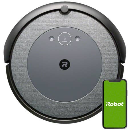 iRobot Roomba i5 Plus - Draufsicht mit Smartphone - stehend iRobot Roomba i5 Plus - Draufsicht mit Smartphone - stehend
