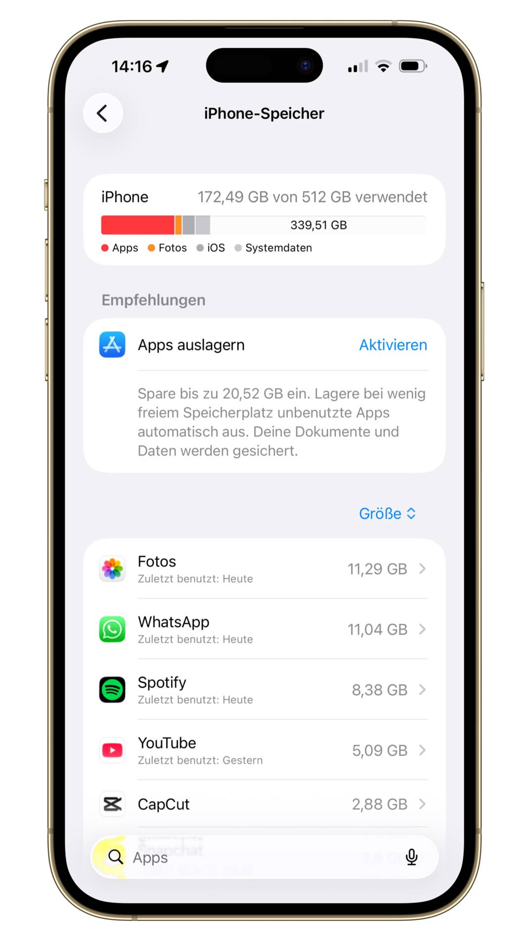 Ein Screenshot aus den Speicher-Einstellungen