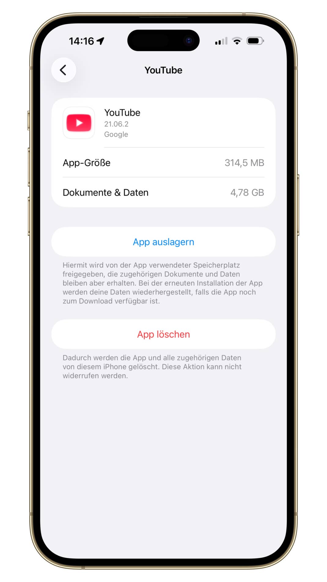 Ein Screenshot aus den Speicher-Einstellungen