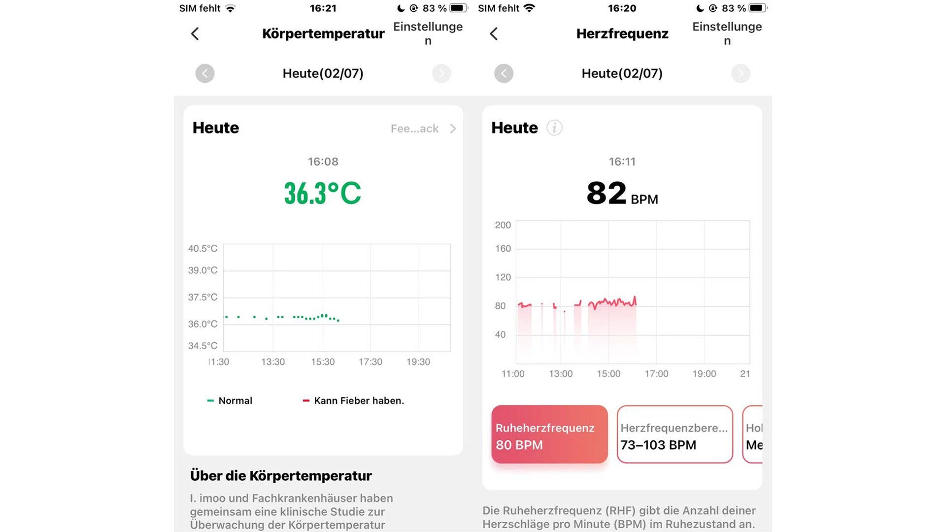 Körpertemperatur und Herzfrequenz auf einer Smartwatch-Oberfläche.