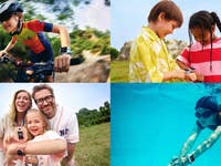 Eine Collage von Kindern, die Smartwatches beim Radfahren, Spielen, Schwimmen und mit der Familie verwenden.