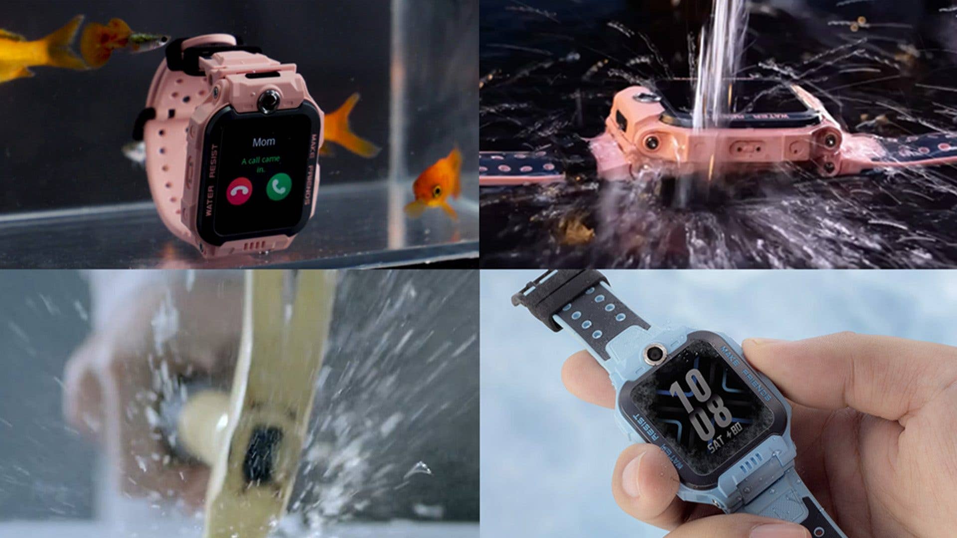 Eine rosa und blaue Kinderuhr, die im Wasser gezeigt wird, mit Anrufbenachrichtigungen und Wasserbeständigkeit.