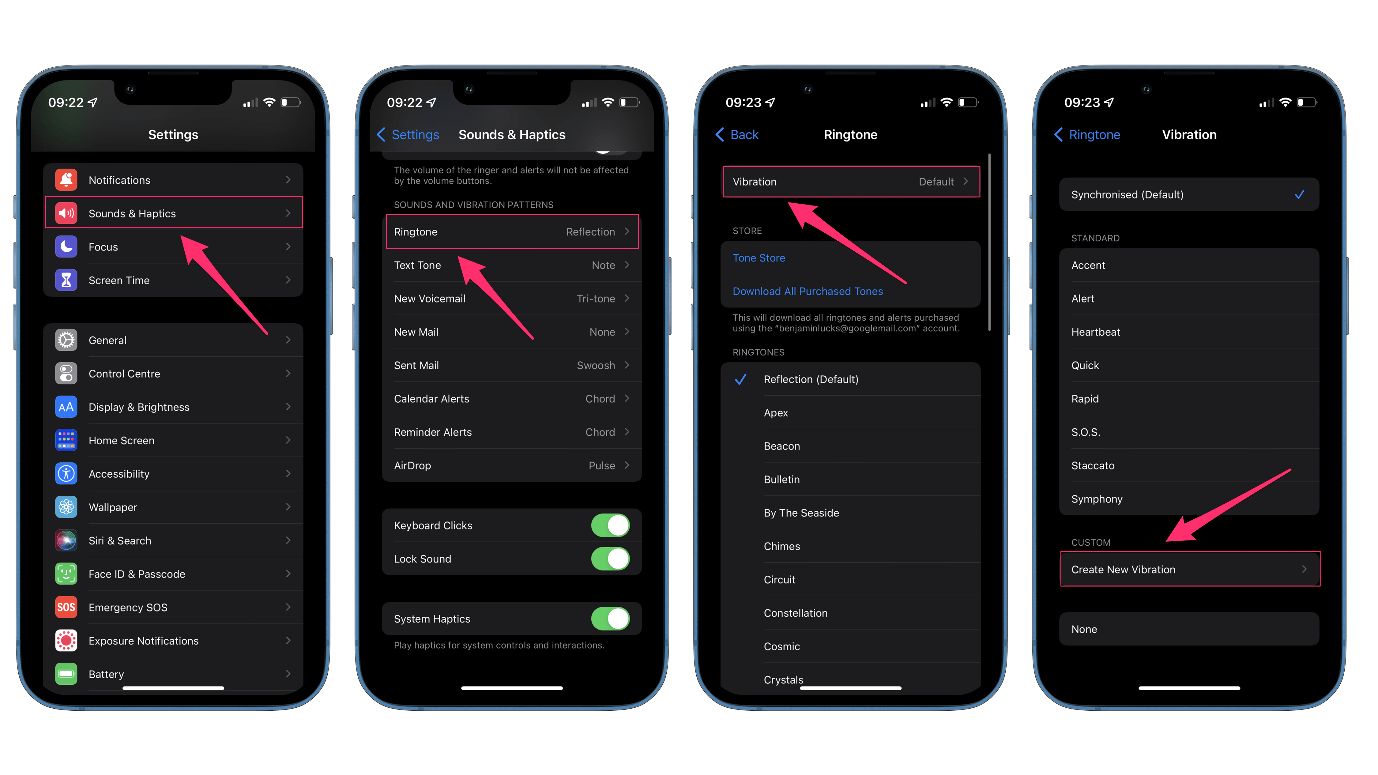 Screenshots, die zeigen, wie man zum Vibrations-Editor auf dem iPhone gelangt.