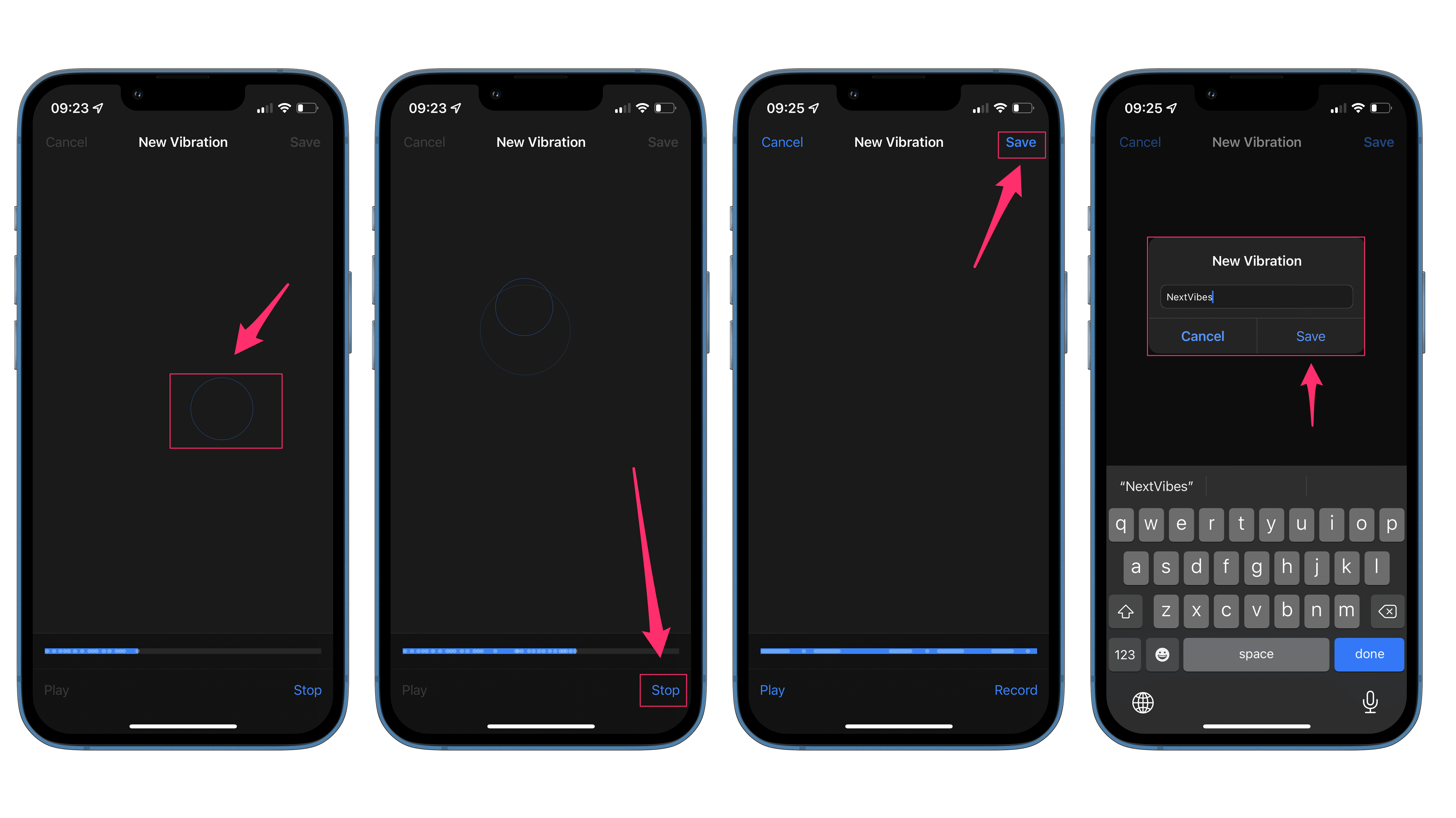 Screenshot, die zeigen, wie man den Vibrations-Editor auf dem iPhone nutzt.