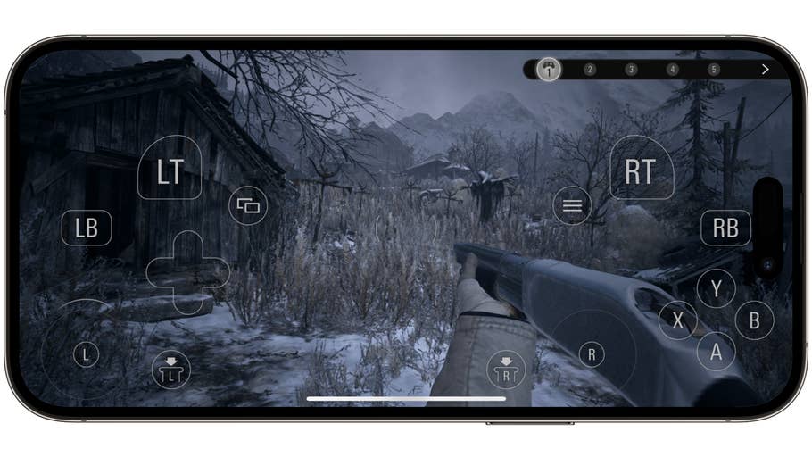 Ein Screenshot von Resident Evil: Village auf dem iPhone 15 Pro Max zeigt die Touch-Steuerung