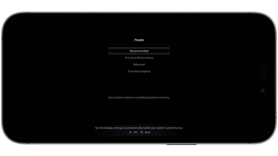 Ein Screenshot der Grafikeinstellungen von Resident Evil: Village auf dem iPhone 15 Pro Max