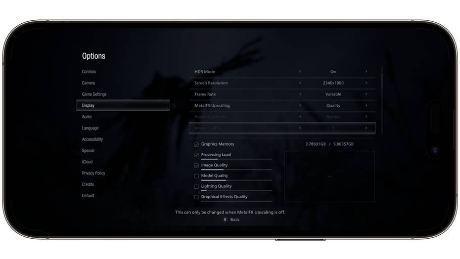 Ein Screenshot der Grafikeinstellungen von Resident Evil: Village auf dem iPhone 15 Pro Max