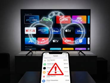 Smart TV mit Streaming-Apps, Warnsymbol über Paypal-App