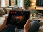 Eine Person sitzt auf einer Couch in einem modernen Wohnzimmer und hält ein Lenovo-Tablet in den Händen, auf dem eine Netflix-Serie zu sehen ist.