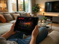 Eine Person sitzt auf einer Couch in einem modernen Wohnzimmer und hält ein Lenovo-Tablet in den Händen, auf dem eine Netflix-Serie zu sehen ist.