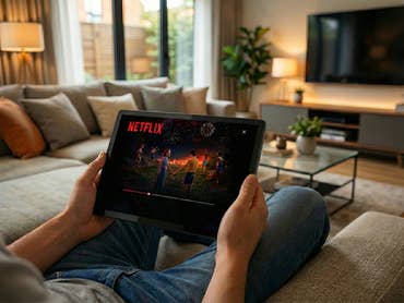 Eine Person sitzt auf einer Couch in einem modernen Wohnzimmer und hält ein Lenovo-Tablet in den Händen, auf dem eine Netflix-Serie zu sehen ist.
