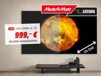 LG OLED-Fernseher in 65 Zoll im Hintergrund, daneben das MediaMarkt-Logo und ein aktuelles Angebot für 999 Euro