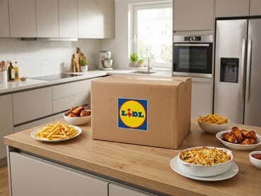 Ein Paket mit Lidl-Logo steht in einer modernen Küche