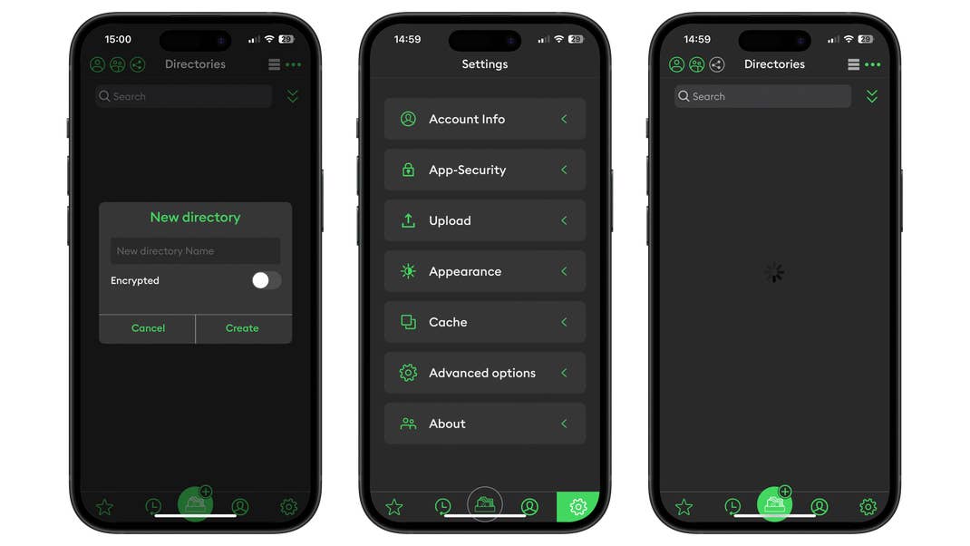 Überblick über die Luckycloud-App mit Verzeichnissen und Einstellungen auf drei Mobilbildschirmen.