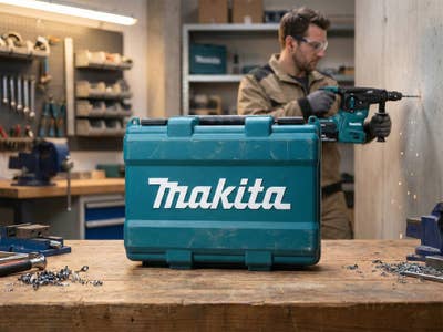 Ein Makita-Werkzeugkoffer in einer Werkstatt.