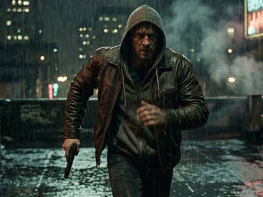 Mann mit einer Pistole rennt auf einem Dach