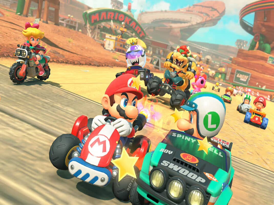 Mario Kart World Spielausschnitt auf dem Mario und Luigi zu sehen sind.
