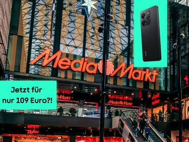MediaMarkt-Store im Hintergrund, daneben das Redmi 14, welches jetzt nur 109 Euro kostet