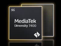 MediaTek Dimensity 7400-Chip mit 5G-Beschriftung vor dunklem Hintergrund.