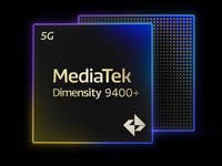 MediaTek Dimensity 9400+ Logo mit 5G-Text auf dunklem Hintergrund.