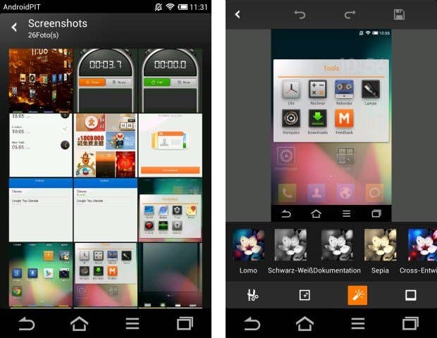 Zwei Smartphone-Bildschirme mit App-Gittern, Zeitmessern und Bearbeitungswerkzeugen sowie verschiedenen Fotofiltern.