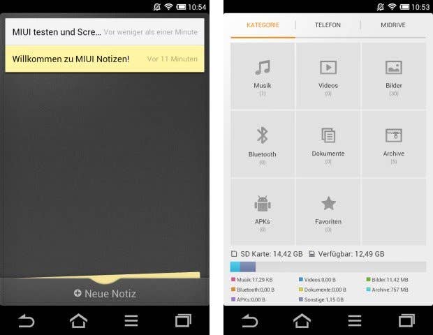Zwei Screenshots von MIUI Notizen: einer zeigt eine Willkommensnachricht, der andere Speicheroptionen und Dateikategorien.