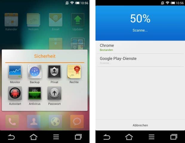 Screenshot einer App mit den Kategorien "Sicherheit", "Monitor", "Backup", "Antivirus" und einem Scan-Fortschritt von 30%.