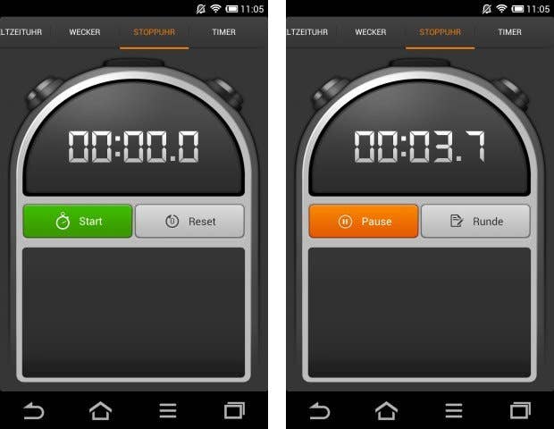 Zwei Stoppuhren nebeneinander; links zeigt 00:00.0, rechts 00:03.7. Tasten für Start, Reset, Pause und Runde.