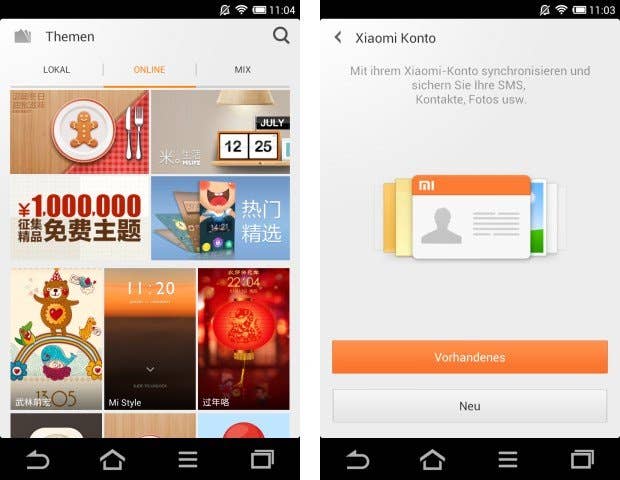 Screenshots einer Benutzeroberfläche mit Xiaomi-Konto-Synchronisation und verschiedenen App-Layouts.