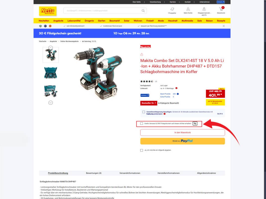 Netto-Online-Shop-Website zu Makita-Werkzeugen