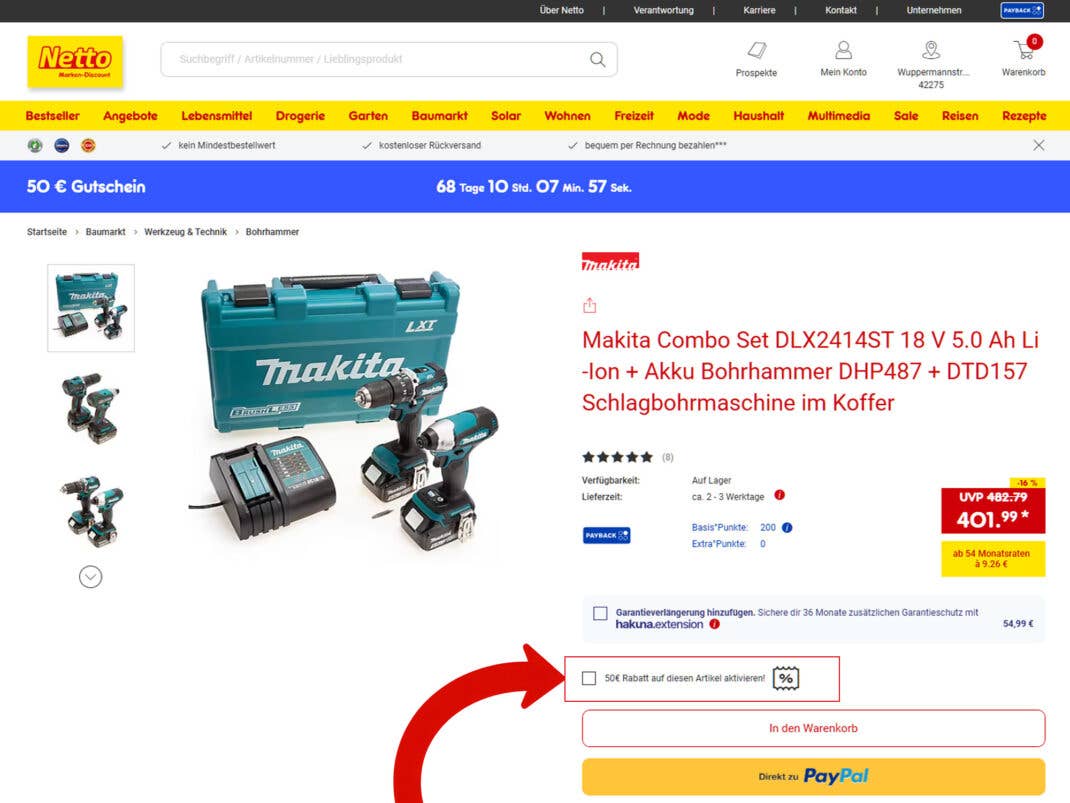 Ein roter Pfeil zeigt auf eine Aktion auf der Netto-Website mit einem Makita-Deal