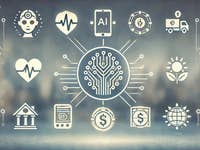 Zukunftsorientierte Symbole, die Gesundheit, Finanzen, KI und Nachhaltigkeit in einem technologiebezogenen Design darstellen.