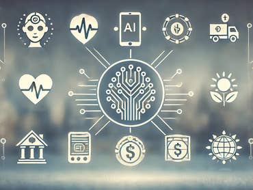 Zukunftsorientierte Symbole, die Gesundheit, Finanzen, KI und Nachhaltigkeit in einem technologiebezogenen Design darstellen.