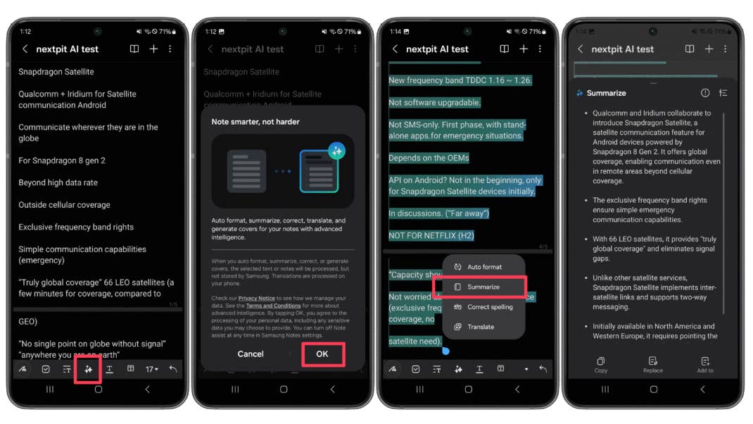 Screenshots zeigen die "Zusammenfassen"-Funktion der Samsung Notizen