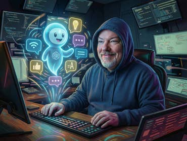 Casi am Computer interagiert mit einem leuchtenden ChatGPT-Charakter inmitten bunter digitaler Elemente.