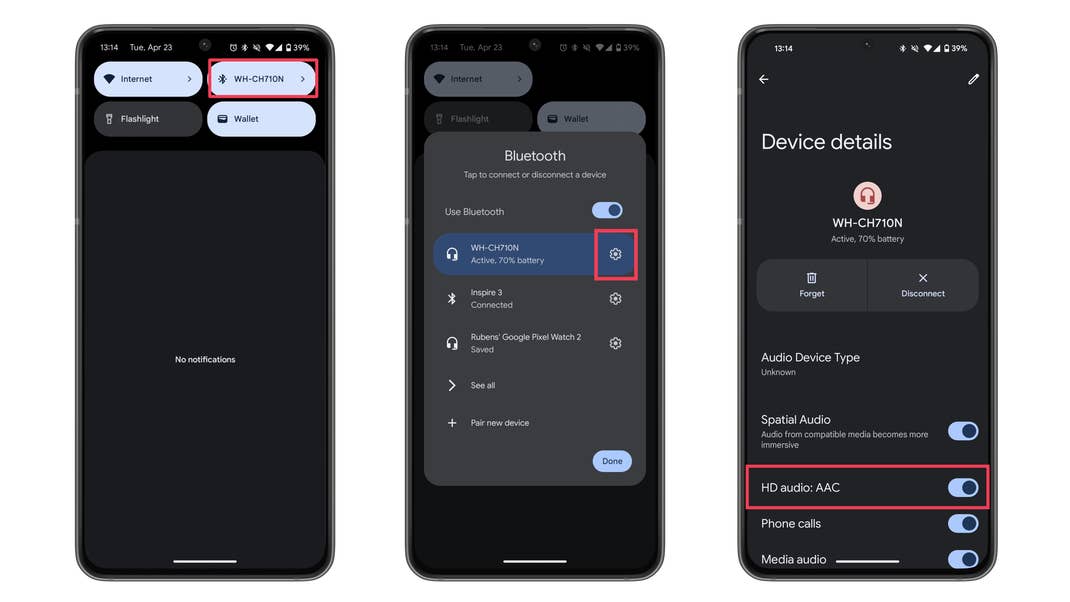 Screenshots zeigen, wie man HD Audio bei kompatiblen Kopfhörern aktiviert