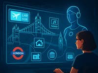 Eine Person interagiert mit einer digitalen Oberfläche, die reisebezogene Informationen über London anzeigt.