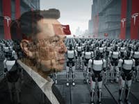 Eine Armee aus Tesla-Robotern, im Vordergrund das transparente Profil von Elon Musk.