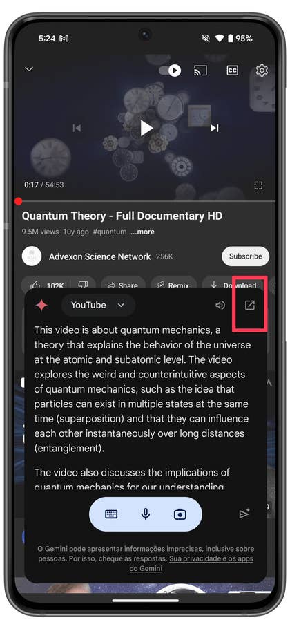 YouTube-Integration auf dem Gemini Assistant.