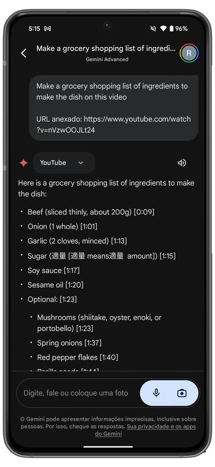 YouTube-Integration auf dem Gemini Assistant.