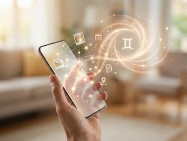 Ein Smartphone wird in der Hand gehalten und man sieht symbolisch Daten herumfliegen.