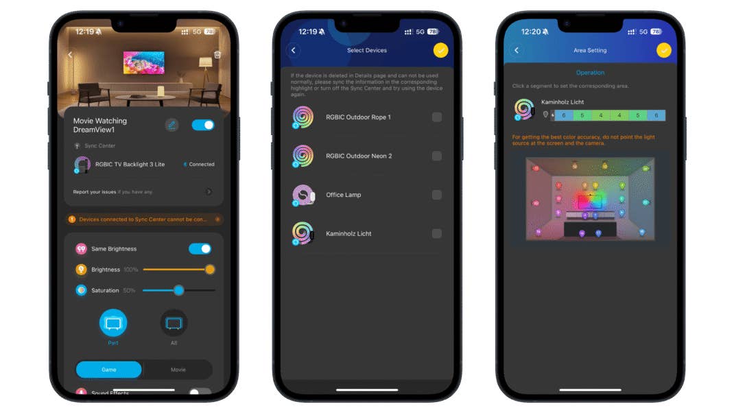 App mit Einstellungen zur Erweiterung des Govee TV Backlight 3 Lite auf andere Govee-Produkte