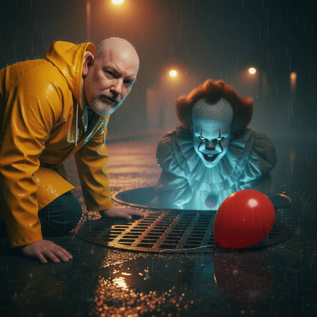 Casi hockt im Regenmantel an einem offenen Gully, wo der Clown Pennywise rausschaut.